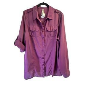 Penningtons Women's Top Size X Burgundy Sheer Button-Down Long Sleeve